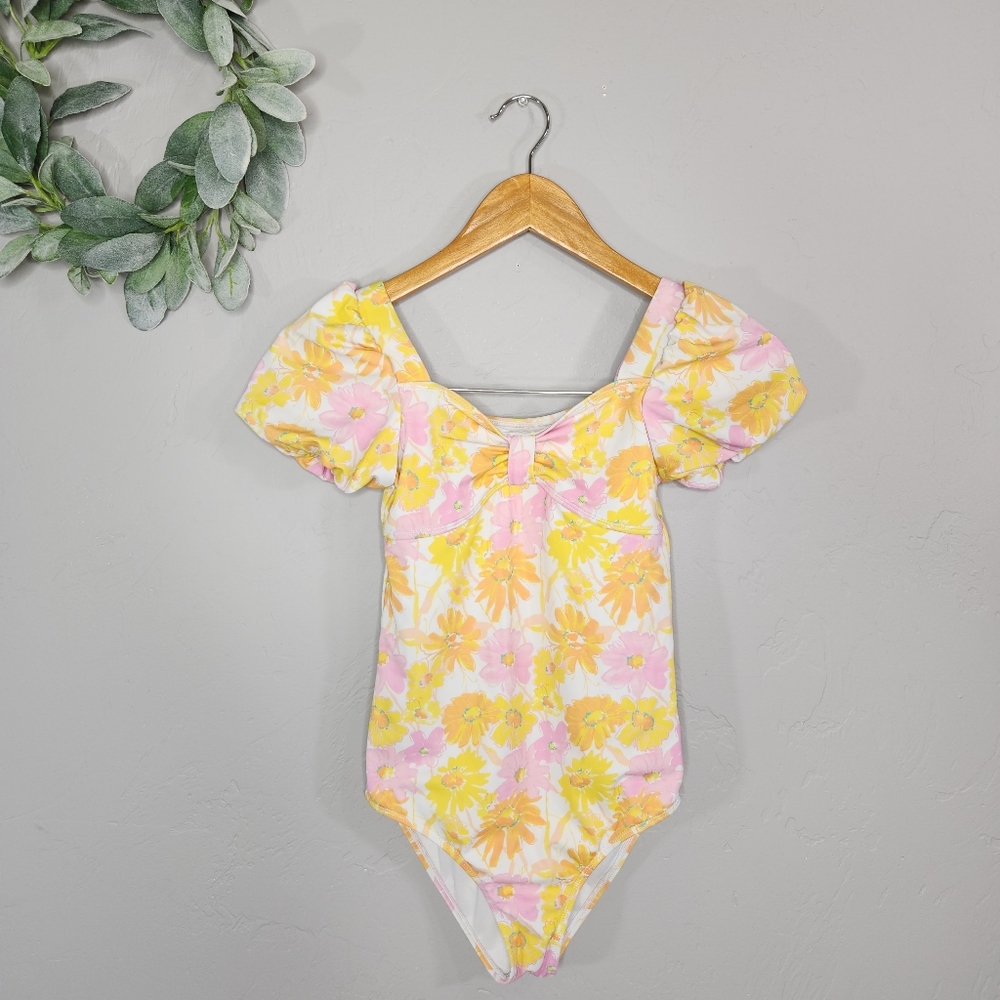Janie & Jack Blazing Orange Floral Puff Sleeve Sweetheart One Piece Swim Suit